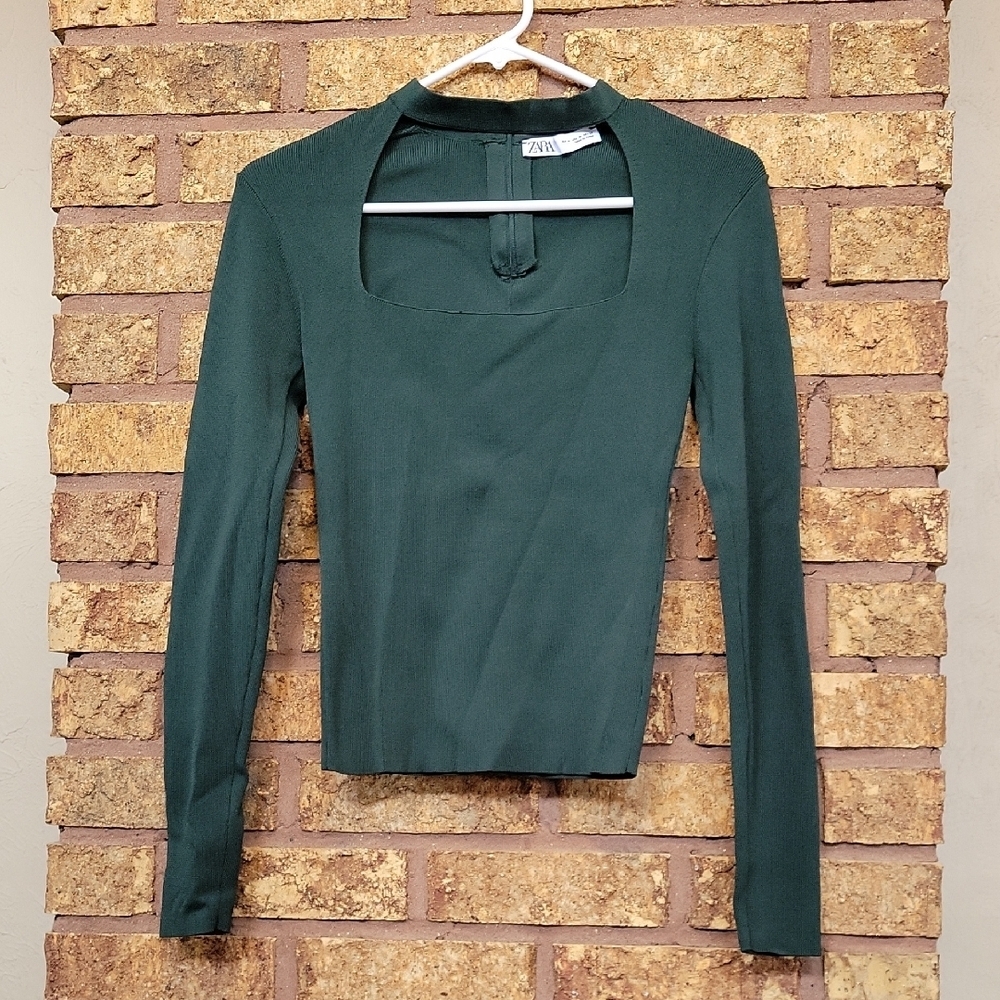 ZARA Square Neck Ribbed Long Sleeve Top Green Size Medium